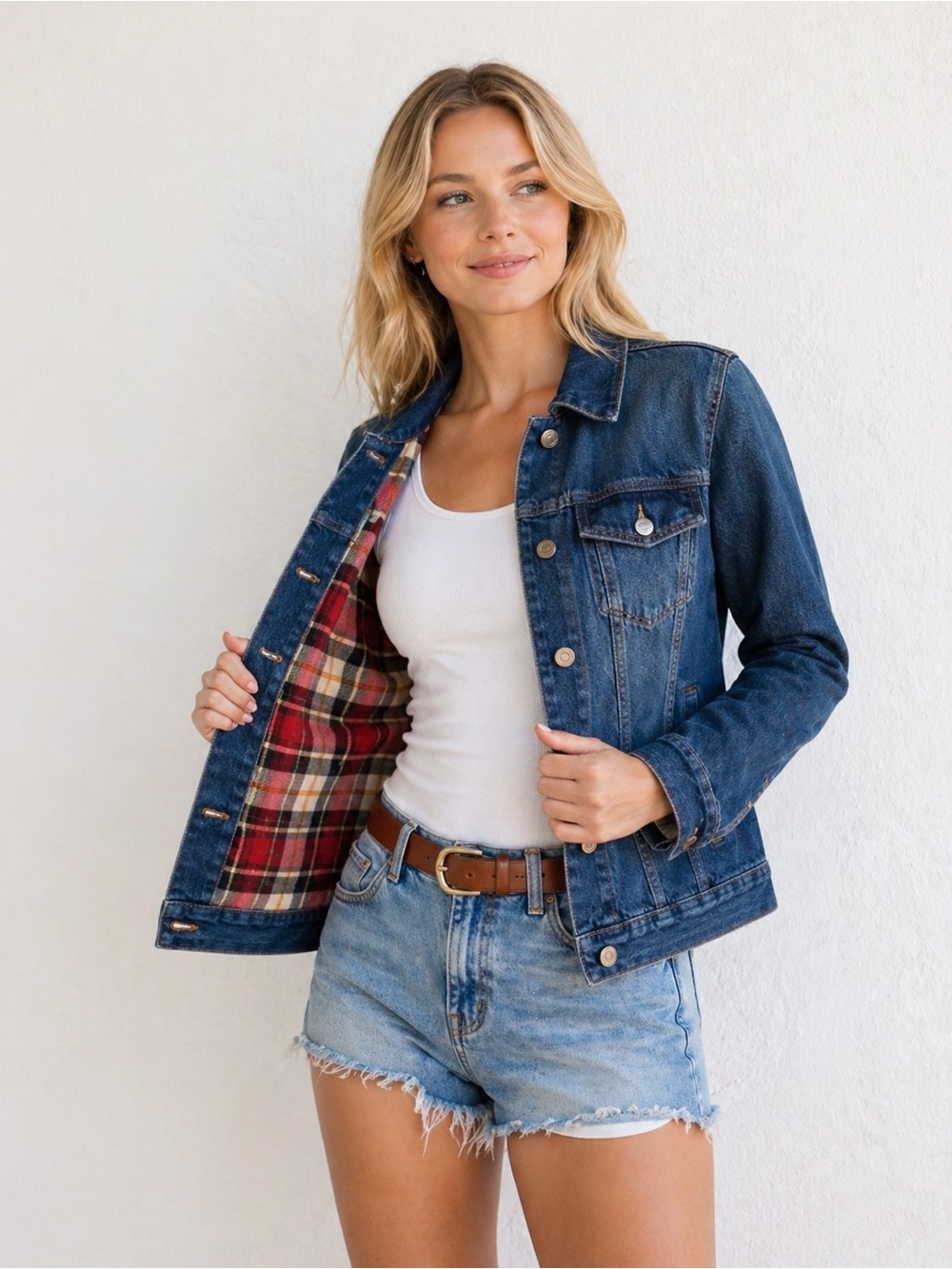 Parasuco jeans jacket denim flannel lining plaid red medium spring summer fall